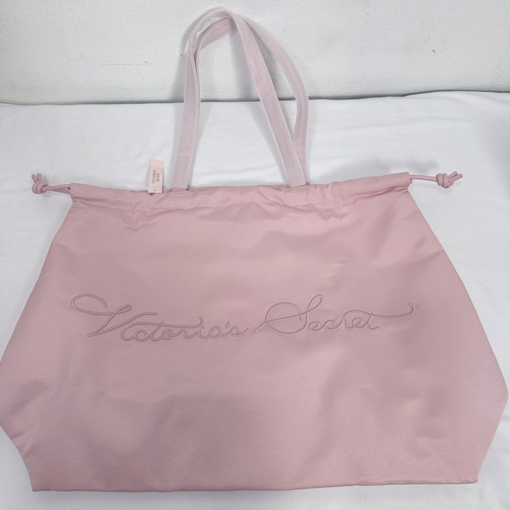 Victorias Secret Pink Drawstring Tote Bag Nylon Embroidered Logo Large Travel